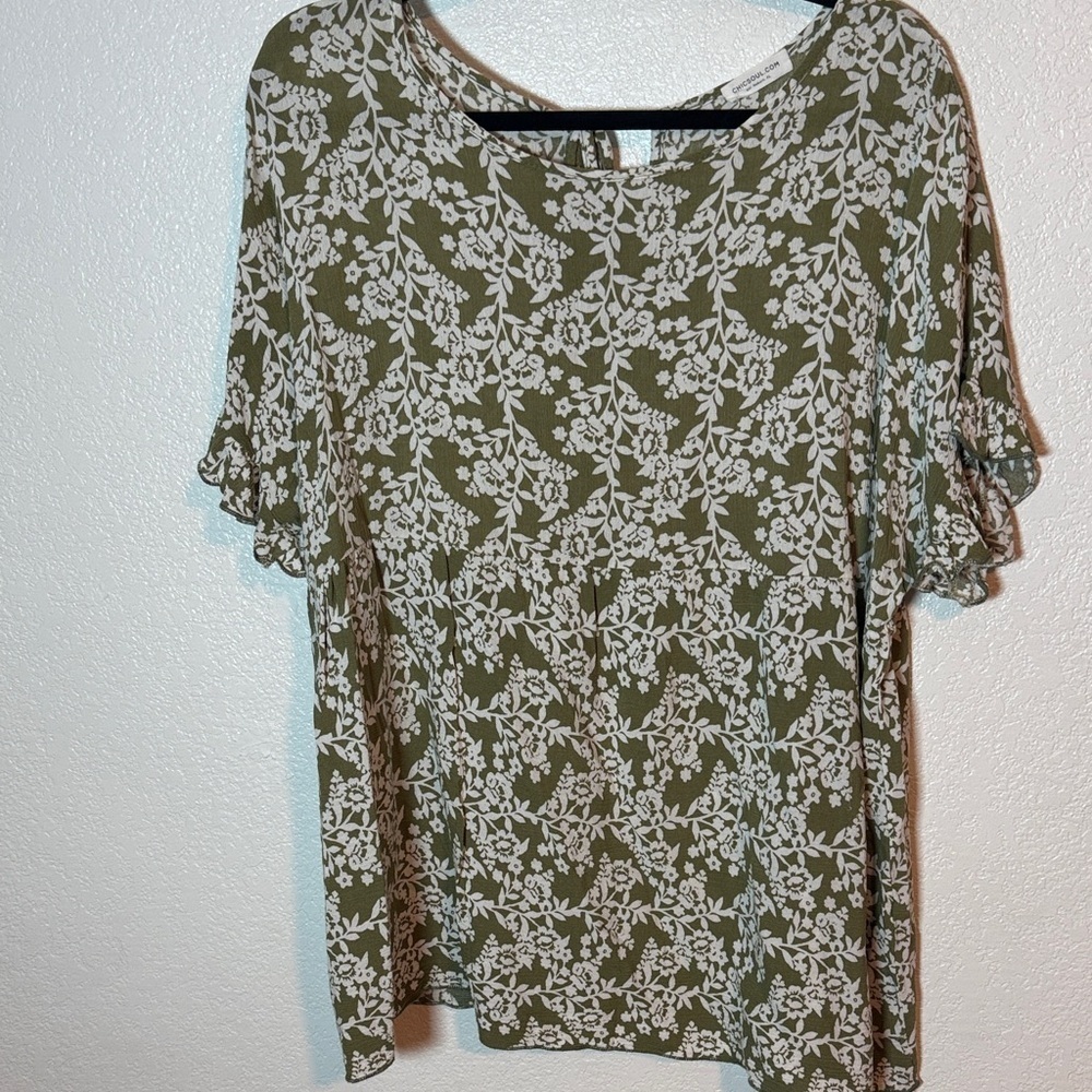 Chic Soul Green White Floral Ruffle Sleeve Babydoll Top Size 3X